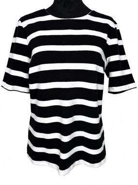 Talbots Lace-Back Black & White Striped Short Sleeved Knit Top Large